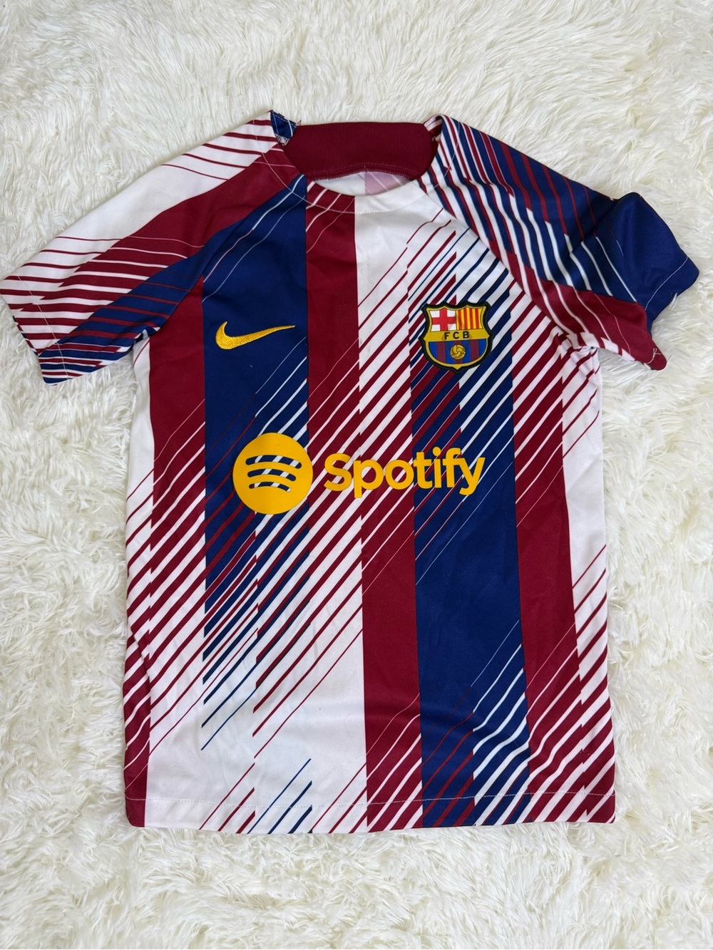 Nike Kids Barcelona Maroon & Blue Stripe Soccer Jersey with Yellow Accents